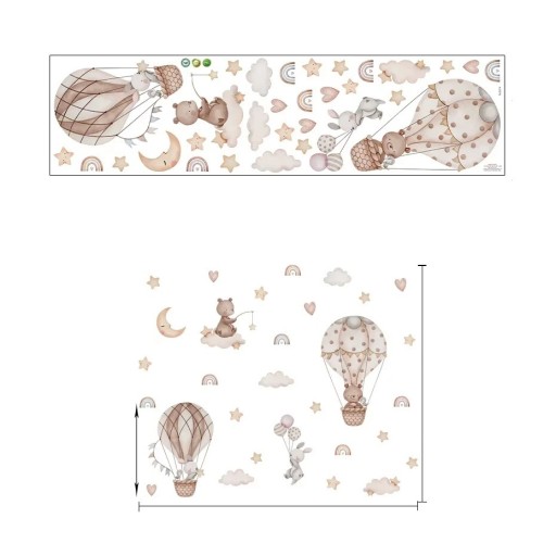 Pegatina de pared 98 x 81,5 cm Osito con conejito en globos marrones Decoración infantil de pared translúcida de vinilo mate Dulce y encantadora decoración de habitación