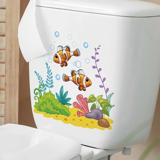 Pegatina decorativa para el tanque del inodoro Motivo mundo acuático con peces pegatina para el baño Aplicación fácil Decoración marina divertida para el baño