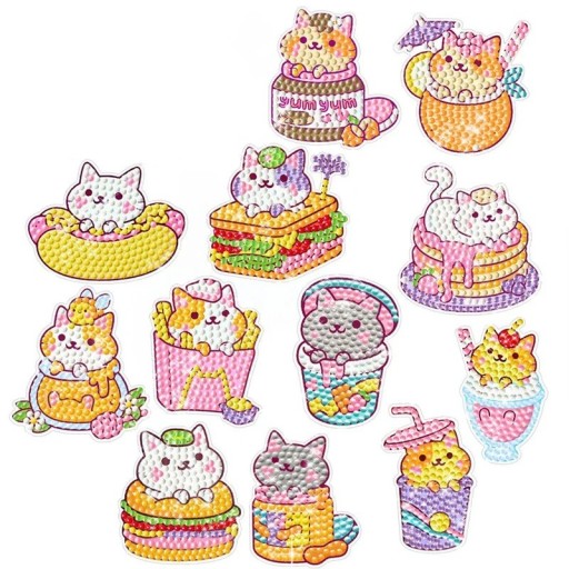 Pegatinas de diamantes DIY con temática de gatos y comida, lindas pegatinas de dibujos animados para niños, creación de mosaicos, decoración de pared