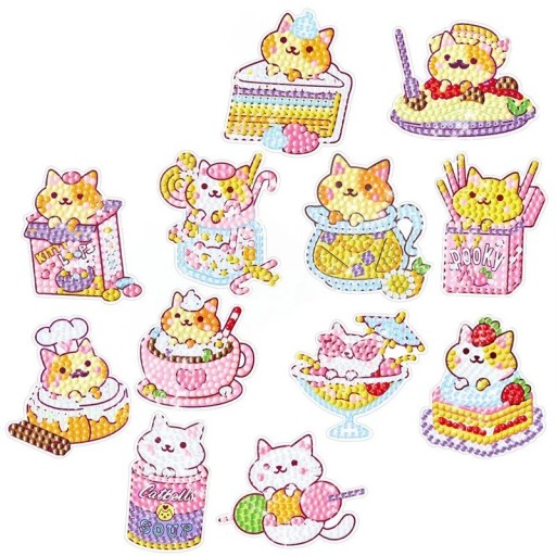 Pegatinas de diamantes DIY con temática de gatos y dulces. Bonitas pegatinas creativas para niños. Creaciones de mosaicos. Decoraciones coloridas.