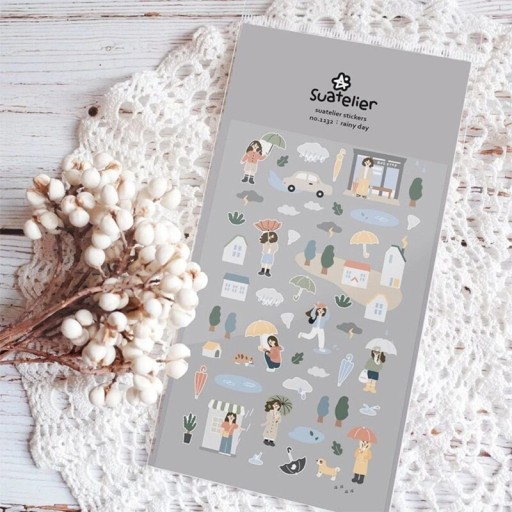 Pegatinas día lluvioso con personajes 9,2x15 cm papel pegatinas decorativas grises para agenda scrapbook cuaderno álbum planificador
