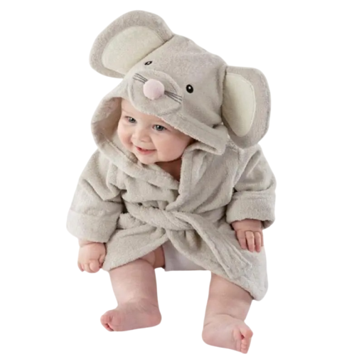 Peignoir pour enfants unisexe en peluche avec capuche à nouer en coton gris avec motif de souris Peignoir doux et chaud
