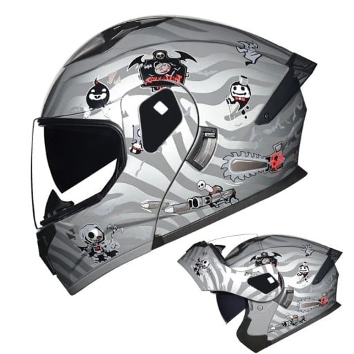 Pełno twarzowy kask motocyklowy unisex składany ABS+PC szary z nadrukiem czaszek i motywów halloweenowych