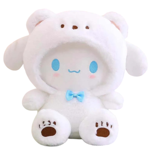 Peluche Cinnamoroll 25 cm personnage Sanrio en costume d'ours blanc Peluche mignonne Décoration Cadeau style kawaii pour enfants et collectionneurs