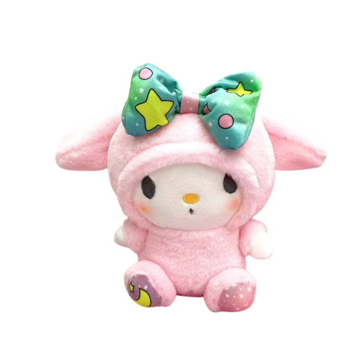Peluche My Melody 25 cm personnage Sanrio en salopette avec un grand nœud Peluche adorable Cadeau Décoration style kawaii pour enfants et collectionneurs