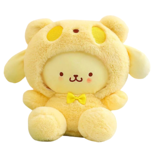 Peluche Pompompurin 25 cm personnage Sanrio en costume d'ours jaune Peluche adorable Décoration Cadeau style kawaii pour enfants et collectionneurs