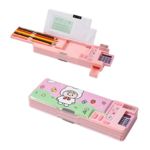 Penar roz cu două straturi, cu motiv animal și calculator, organizator de creioane din plastic cu ascuțitoare, cutie de papetărie 26x9,5x3,5 cm