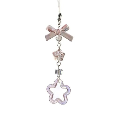 Pendentif décoratif pour téléphone avec un nœud rose et une étoile Chaîne pour mobile cordon pour téléphone accessoire pour sac à dos appareil photo