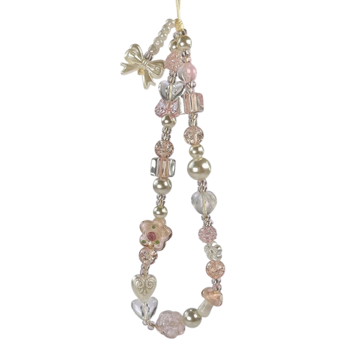 Pendentif en perles pour téléphone avec nœud et fleur Chaîne décorative pour téléphone Cordon pour mobile porte-clés décoration pour sac appareil photo