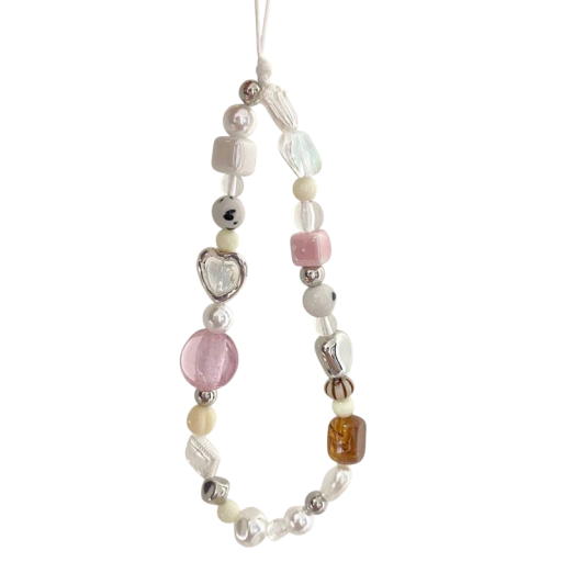 Pendentif en perles pour téléphone avec perles et cœur Chaîne pastel pour mobile cordon pour téléphone décoration pour sac à dos appareil photo