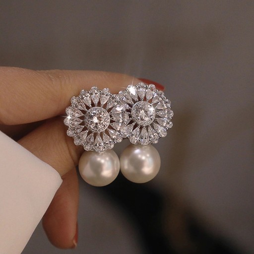 Pendientes colgantes de mujer con perla y circonitas