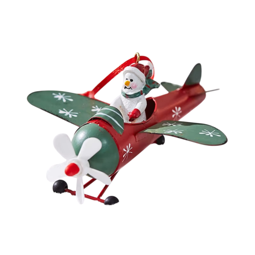 Pendurante de Natal Antigo em Ferro 12 x 12,5 cm Avião com Boneco de Neve Decoração Retro para Árvore Janelas Molduras