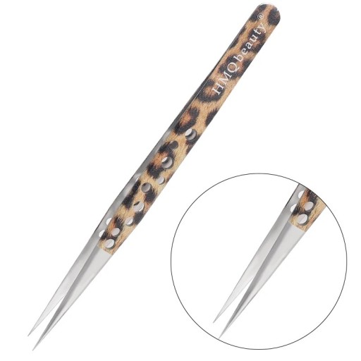 Pensetă dreaptă pentru gene cu vârfuri ascuțite și mâner perforat din oțel inoxidabil antistatic cu model leopard