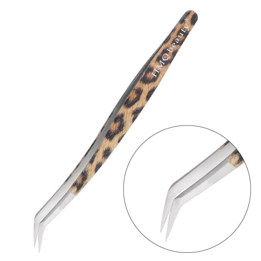 Pensetă pentru gene cu vârfuri ascuțite și înclinate din oțel inoxidabil antistatic cu model leopard