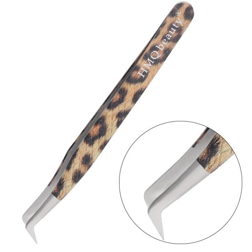 Pensetă pentru gene cu vârfuri plate și înclinate din oțel inoxidabil antistatic cu model leopard pentru izolarea genelor artificiale