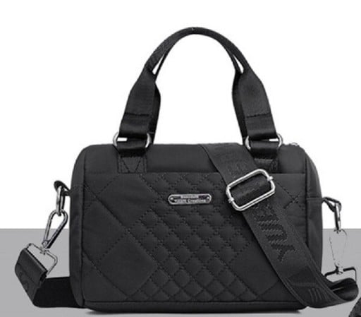 Pequeña bolsa de mano cruzada para mujer Patrón acolchado Dos asas cortas y correa ancha ajustable con mosquetones Nylon y poliéster 20 x