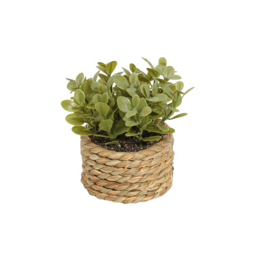 Pequeña planta artificial en maceta de 11 x 7,5 cm, hierba de eucalipto realista envuelta en mimbre, decoración para sala de estar, oficina e interior.