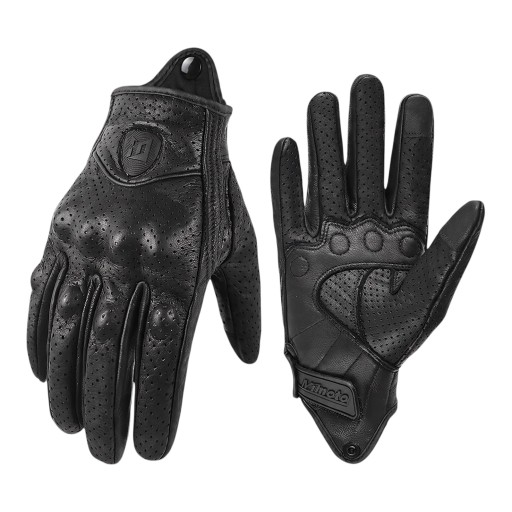 Perforated Full-Finger Motorcycle Gloves with Knuckle and Finger Protectors and Padded Leather Palm in Black for Riding