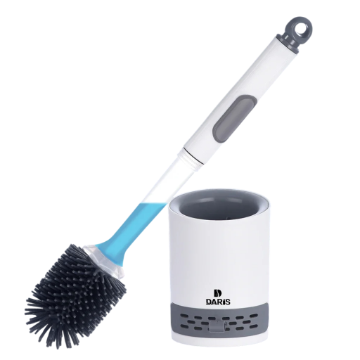 Perie de toaletă din silicon cu spray, mâner lung de 40 cm, cap TPR, montat pe perete, reîncărcabil, curățitor de toaletă pentru baie