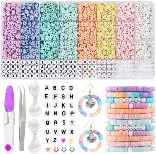 Perlen-Set 25,4 x 13,2 cm 3862 Stück Polymer-Ton in Macaron-Farben Flache Perlen 6 mm Buchstaben Smileys Perlen mit Zubehör Schmuckherstellung