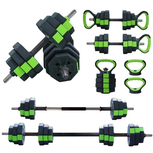Pesas ajustables de 20 kg set 4 en 1 mancuernas barra grande kettlebell y soportes para flexiones con discos negro-verde para entrenar en casa