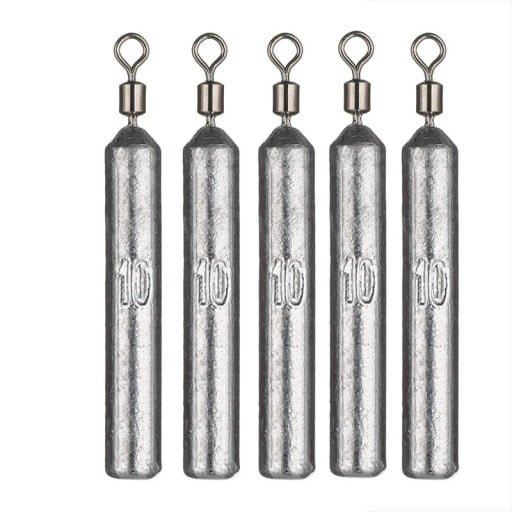 Pesos de plomo para pesca cilíndricos con eslabón giratorio, 5 unidades, 10 g, plomo estable para buceo, peso de lanzamiento largo para pescar peces