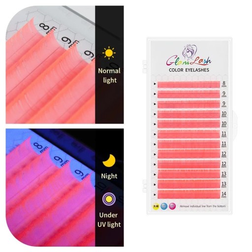 Pestañas individuales de colores UV que brillan en la oscuridad, curvatura C, 8–14 mm, grosor 0,07 mm, pestañas adhesivas neón para extensiones voluminosas