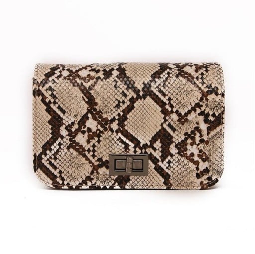 Petit sac à main pour femmes avec motif serpent Sac compact élégant en simili cuir avec rabat et fermeture métallique tournante 18 x 13 x 5 cm