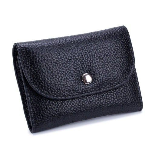 Petite portefeuille pour femmes en cuir véritable avec surface grainée Rabat arrondi avec bouton-pression Bordure surpiquée Forme compacte