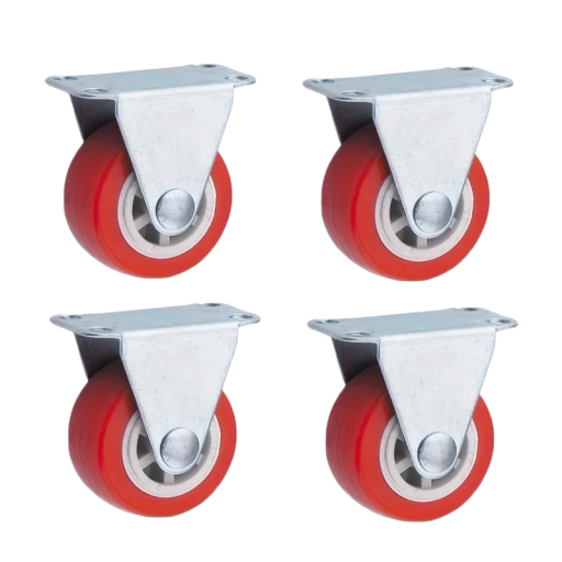 Pevná nábytková kolečka 38×17 mm, výška 5 cm, montážní deska 45×35 mm, červené kolo, pro skříňky, vozíky a lehký nábytek