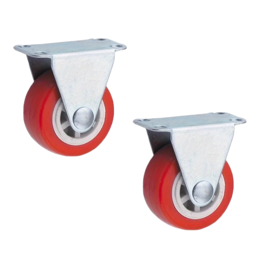 Pevná otočná nábytková kolečka 38×17 mm, výška 5 cm, montážní deska 45×35 mm, červené kolo, pro lehký nábytek a vozíky