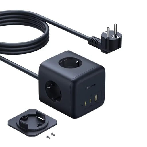 Φορτιστική Σταθμός Κύβος 67W ΕΕ 220V 3x Πρίζα 2x USB-C 1x USB-A Μαύρη Συμπαγής Επιτραπέζια για Κινητό Λάπτοπ Σπίτι