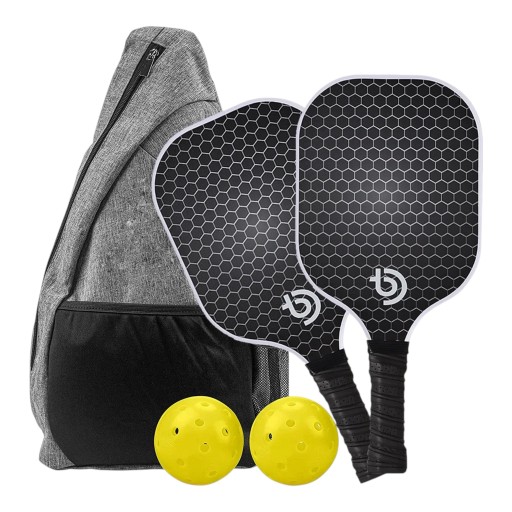 Pickleball sada 2 pálky a 2 loptičky v batohu cez rameno 40 x 20 x 1,4 cm Grafitový karbon Čierne s bielym vzorom Pre deti aj dospelých