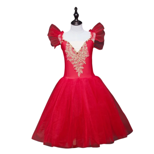 Pige baletkjole med tutu nederdel, gylden broderi og tylærmer, kostume af nylon og polyester, til ballet og prinsesseoptræden
