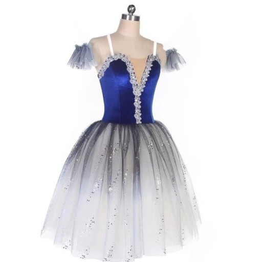 Pige balletkjole med tylskørt i romantisk længde, fløjlsliv med blonde, polyester, blå-sølv, kostume til ballet og optræden