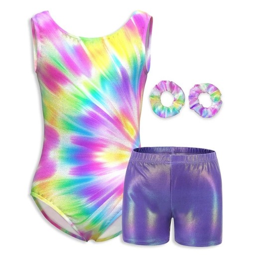 Pige gymnastik sæt regnbue body med tie-dye tryk, lilla glinsende shorts og 2 hårgummier, polyester og elastan