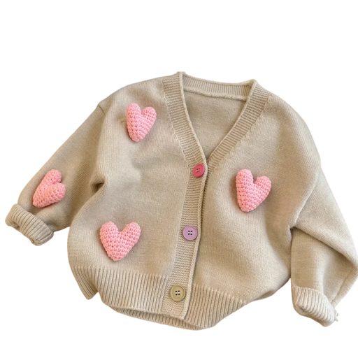Pige strikket cardigan med hjerter Bomuld Polyester V-hals Knaplukning Lange ærmer Koreansk stil Vintertrøje til piger Pige strikket cardigan med hjerter Bomuld Polyester V-hals Knaplukning Lange ærmer Koreansk stil Vintertrøje til piger