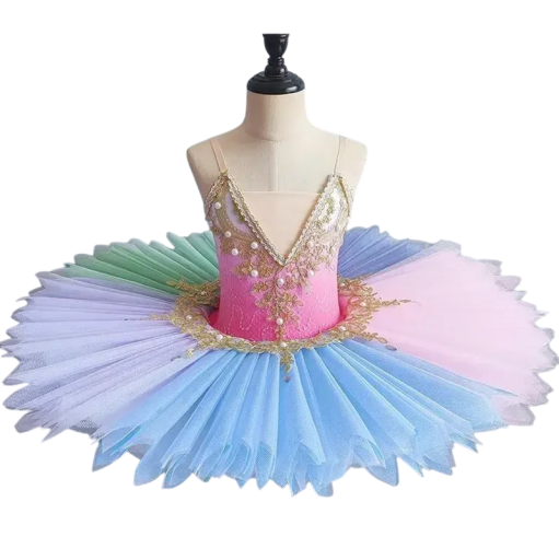 Pigeballetkjole i regnbuefarver med gyldent blonder og perler, flerfarvet pancake tutu nederdel af acetamid og chiffon til klassisk ballet og optrædener