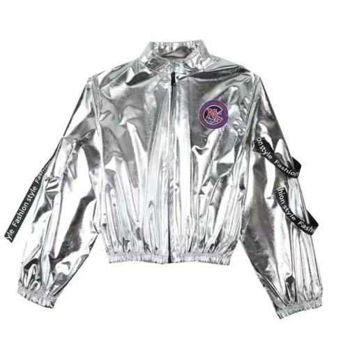 Pigedans jakke med lynlås og krave, metalisk sølvfarvet sweatshirt i polyester med applikation til hip hop, street dance og optræden