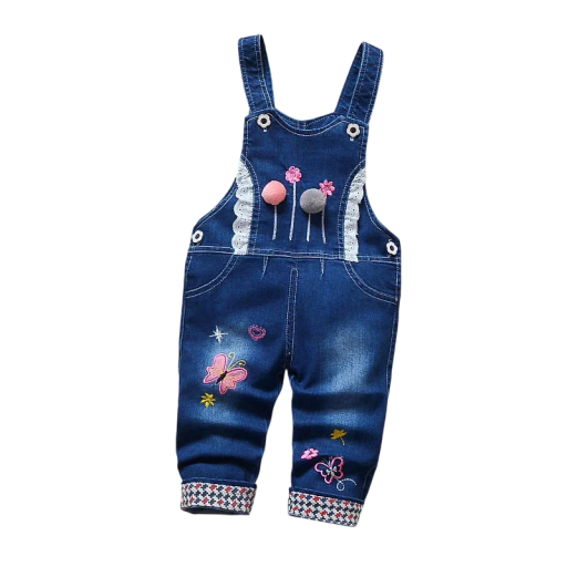 Pigernes denim overalls med broderi Lange bukser Justerbare stropper med knapper Behagelig overall lavet af bomuld og polyester Stilfuldt børnetøj