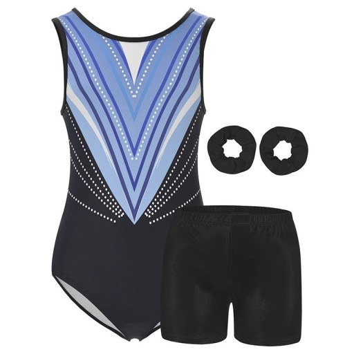 Pigernes gymnastik sæt mørkeblå body med pil blå tryk, sorte shorts og 2 hårbånd Polyester og elastan