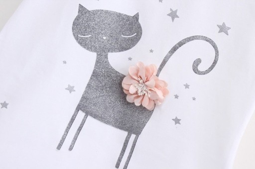 Pigersæt - T-shirt med kat og stjerner og nederdel J1274