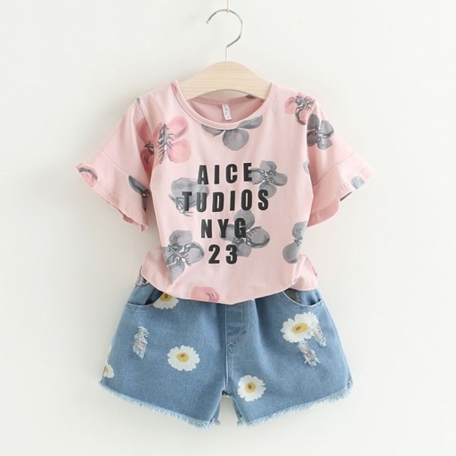 Pigersæt - T-shirt og shorts med blomster J1272