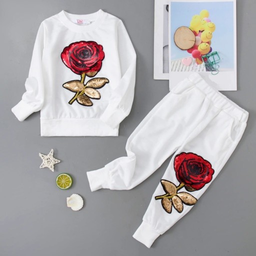 Pigesweatshirt og bukser med roser L1101