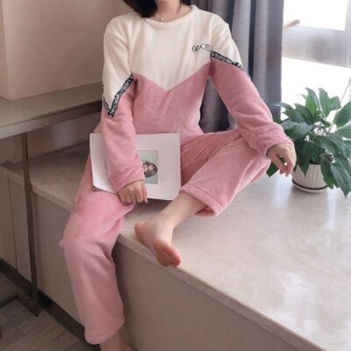 Pigiama caldo da donna in flanella Top bicolore con maniche lunghe e pantaloni lunghi Striscia con scritte sulle maniche Per autunno