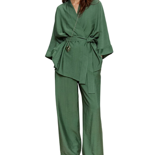 Pigiama da donna con maglietta da accappatoio da annodare e pantaloni Completo verde in cotone e nylon con maniche lunghe per comfort ed eleganza