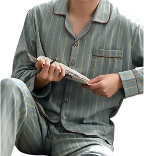 Pijama bărbați set tricou cu mânecă lungă și pantaloni Închidere cu nasturi Buzunar Guler Pătrățele Verde deschis Poliester bumbac