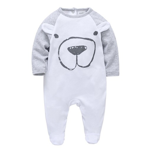 Pijama de bebé con osito Pijamas de una pieza con orejitas para niños de suave algodón transpirable Pijama de recién nacido para dormir en blanco y gris con pies