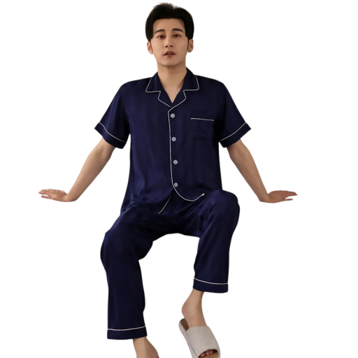 Pijama de hombre de manga corta y pantalones cortos con cuello, cierre de botones, bolsillo, poliéster, azul oscuro y morado con ornamentos