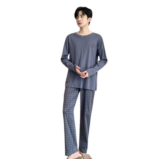 Pijama de hombre de manga larga y pantalones a cuadros O cuello Poliéster Spandex Pijama gris azulado con inscripción en el pecho